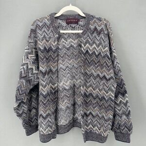 TUNDRA Canada Womens Zig Zag Knit Cardigan Sweater Grey Size L Vintage Open Cozy